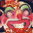 identical cartoon faces with red lips, green eyebrows, and orange hair, each overlaid with repeating text elements