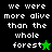 Pixelated text reads "we were more alive than the whole forest" with a green star on black background and a black star on bright green background.