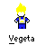 Pixel art character with spiky yellow hair, blue outfit, and white boots, shown in two states with and without a yellow aura.
