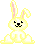 Pixelated yellow bunny with pink inner ears sits in various poses against gray background, showing front-facing and side views.