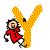 Pixelated character in red shirt and black pants interacts with large yellow Y-shaped object across four animated frames.