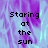 Pixelated text 'Staring at the sun' on a purple and cyan abstract background with a gray on the right