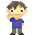 Pixelated cartoon character in blue shirt and green pants with brown hair, smiling and waving in six sequential poses.