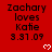 Red background displays 'Zachary loves Katie 3.31.09' text with white pixel hearts; gray rectangle appears in bottom-right corner across all views.