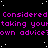 Purple text repeats 'Considered taking your own advice' on black background with white stars, partially obscured by gray rectangle.