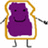 Purple cartoon character with black eyes and smile inside golden toast frame, gray limbs extended horizontally.