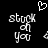 Pixelated white text on black background with heart symbol above, showing 'stock of you' and ampersand in two side-by-side views.