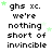 Pixelated text repeats 'ghs xc. we're nothing short of invincible' across a with scattered green stars on white background