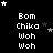 Black background with white pixelated text reading "Bom Chika Woh Woh" repeated in a pattern, surrounded by scattered white and gray stars