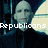 A pixelated image of a bald figure in dark clothing with a pale face, set against a blue and white background with text overlays.
