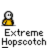 Animated contact sheet of 13 pixel art frames showing a stick figure character in various poses with yellow and blue clothing, all labeled "Extreme Hopscotch" text below each frame on gray background.