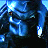 Pixelated blue-toned static image of a humanoid figure in motion against dark background with bright light effects.