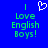 Blue background with green text reading 'I Love English Boys!' and a white pixelated heart symbol above the text.