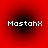 Four identical red circular icons with black gradient centers displaying white pixelated text 'MastahX' in a