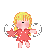 Pixelated angel figure with blonde hair, red polka-dot dress, and white wings holding a star in various colors.