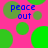 A static image with a bright pink background featuring scattered green circles and blue text reading "peace out" in multiple locations.
