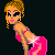 Pixel art contact sheet of a cartoon woman in pink bikini performing bent-over poses with text phrases, arranged in 4x3 grid on dark background.