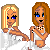 Pixel art of six distinct character pairs with text labels, each pair in a separate against solid backgrounds