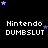 Pixelated text "Nintendo DUMBSLUT" repeated across a black background with scattered blue and dark blue stars, one gray rectangle in the bottom-right corner.