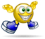 Yellow spherical character with green eyes and wide grin, wearing blue pants and white shoes, shown in six sequential poses from jumping to standing.