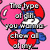 Pixelated character with red hat and blue outfit holding pink bubblegum, surrounded by text fragments on pink background.