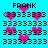 Pixelated cyan background with repeated black text 'FRANK' and pink heart symbols, arranged in a pattern