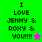 Green and pink pixelated text displays 'I LOVE JENNY & ROXY & YOU!!!!' with a star symbol on each side.