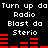 Black background with white pixelated text repeating 'Turn up da Radio Blast da Sterio' and red horizontal bar graphs in two
