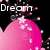 Four pink circular icons with black backgrounds, each displaying different text and particle effects.