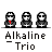 Animated contact sheet of 11 alkaline trio buddy icons showing various pixel art character designs and heart-shaped balloon motifs with skeleton faces, some featuring a small guitarist figure in different poses across frames.