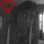 Pixelated image of a dark figure with red heart symbol in top-left corner, set against gray background.
