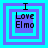 Four identical square icons arranged in a , each with layered blue and purple borders surrounding text reading "I Love Elmo" on a cyan background