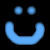 Pixelated blue smiley face with two circular eyes and a curved mouth on black background.