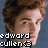 Pixelated portrait of a person with curly brown hair against a blue background, featuring text "edward cullen" with a smiley face symbol below the name in two separate sections.