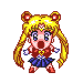 Pixel art of a character with blonde pigtails, red hair accessories, and a blue skirt in three distinct poses against a gray background.