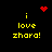 Yellow text 'i love zhara!' on black background with red pixelated heart and starburst symbols in four configurations.
