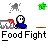 Pixelated character with white face and blue body holding red object, repeated in with green stars and gray figures, text "Food Fight" below each character