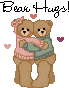 Pixel art of two teddy bears hugging, wearing sweaters and a pink bow, with 'Bear Hugs!' text above them on gray background.