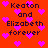 Red background with purple pixelated hearts and repeated text "Keaton and Elizabeth forever" in dark blue.