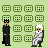 Animated contact sheet of a Matrix-themed buddy icon featuring two characters in repeated patterns with changing speech bubbles over a green grid background.