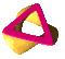 Six views of a 3D-rendered object with a golden base and magenta triangular frame against a gray background.