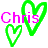 Pixelated static icon featuring pink text "Chris" overlaid on two green heart outlines against a white background.