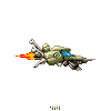Pixel art spaceship with blue cockpit, red-orange exhaust, and metallic gray accents on a solid light gray background.
