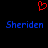 Red pixelated heart symbol above two blue pixelated 'Sheriden' text instances on black background.