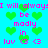 Pixelated cyan background with repeating pink text and green heart symbols arranged in a pattern