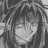 Black-and-white pixelated static icon of a character with long hair and closed eyes, rendered in grayscale tones on a transparent background.