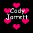 Pixelated pink hearts float around white text reading "Cody Jarrett" on a black background.