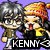 Pixelated chibi-style characters with gray hair and a red-and-yellow knit hat, one character has tongue out; black text 'KENNY<3' on purple background.
