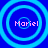 Four identical circular icons with concentric rings on a blue background, each containing the text 'Mariel' in pink pixelated font.
