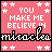 A 5x4 contact sheet of animated frames showing a pink background with white stars, the text "YOU MAKE ME BELIEVE IN" in white block letters, and the word "miracles" in rainbow-colored pixelated letters that change color across frames.